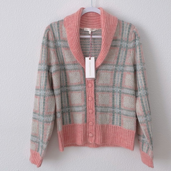 LoveShackFancy Sweaters - Love Shack Fancy Jeeves Plaid Button Down Wool Cardigan NWT Small Pink Preppy